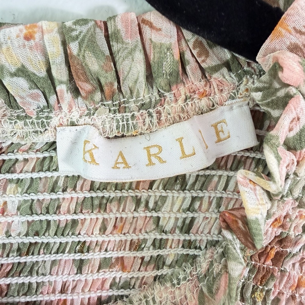 Karlie Floral Smocked Tiered Mini Dress Sage Green Cottagecore Boho Size L $119 - Picture 5 of 9